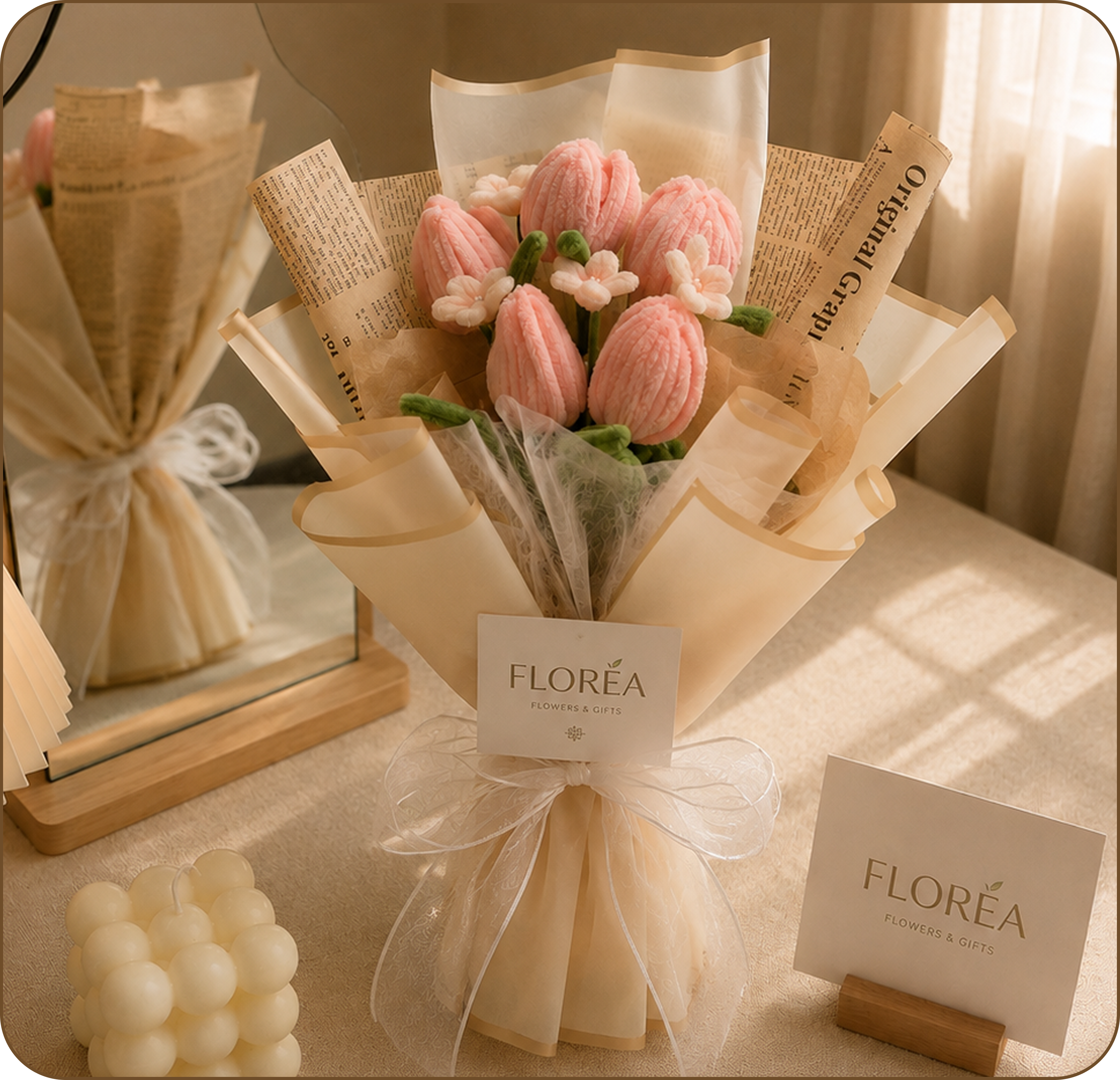 Handmade fuzzy-wire tulip bouquet in soft pink, wrapped in kraft newspaper and ivory paper with a white ribbon, on a sunlit tabletop
